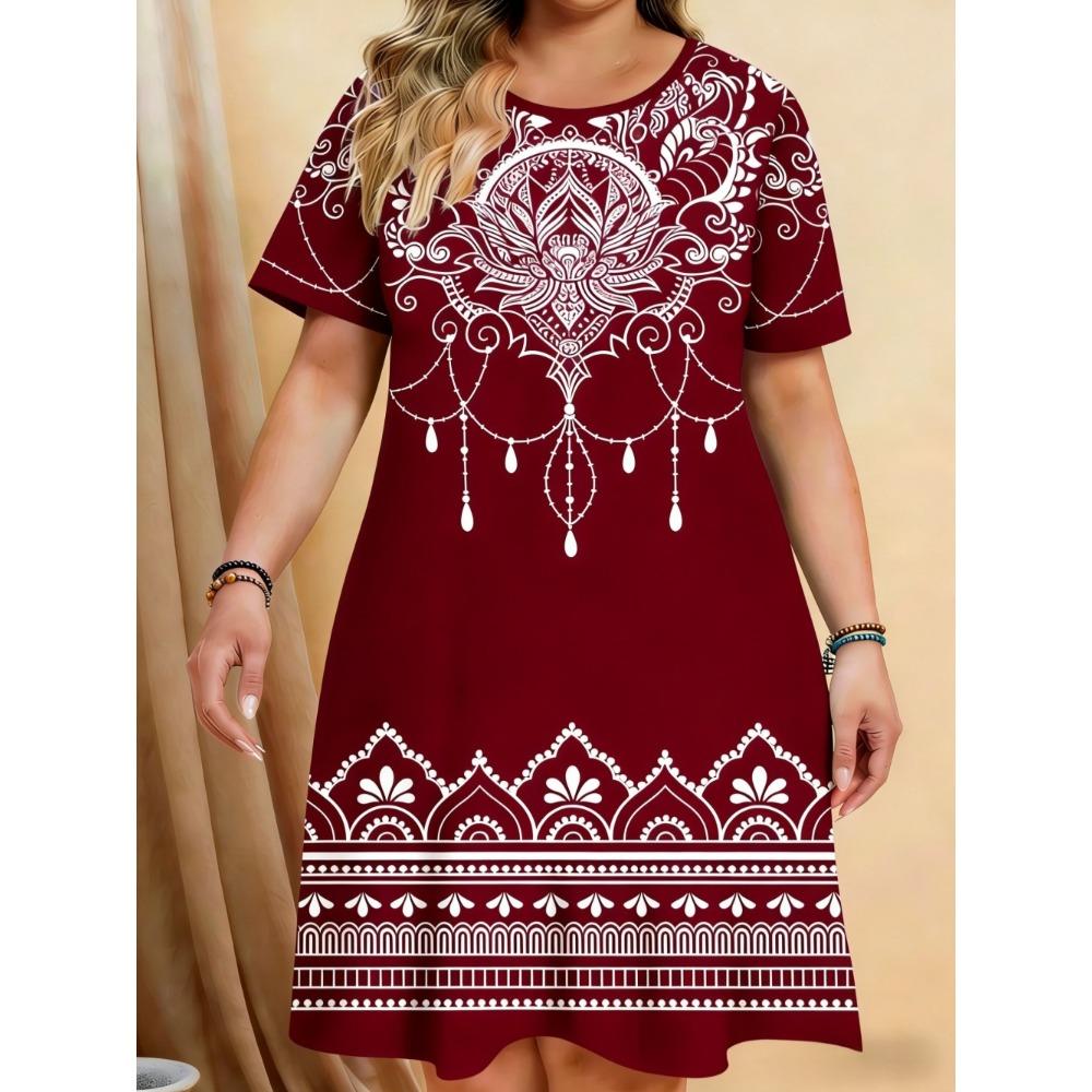 Elegant Floral Pattern Women Mini Dresses Summer Short Sleeve Printed Plus Size Casual Comfortable Soft Dress