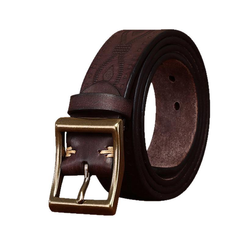 Retro Personality Trend Embossed Thickened First Layer Cowhide Belt Men'S Genuine Leather Copper Buckle Casual Jeans Belt Men'S