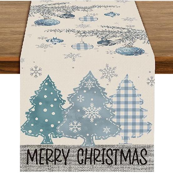 72 X 13 Inch Christmas Table Runner – Red and Black Plaid Christmas Tree and Ornament Holiday Table Decoration with Snowflakes for Dining Room,