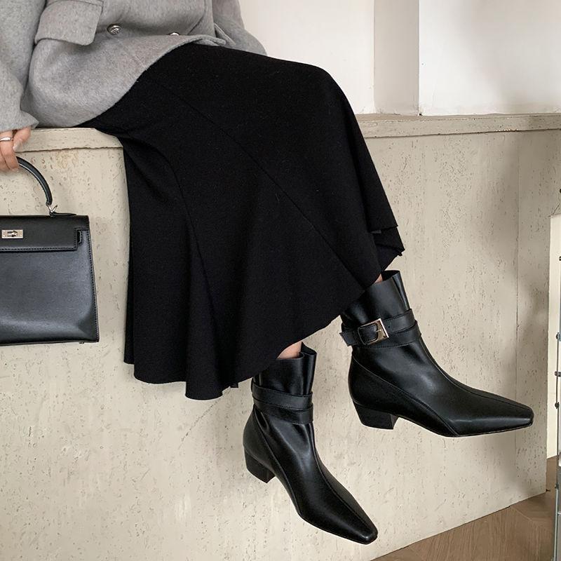 Old Money Wind~ Leather French Square Head Belt Buckle Short Boots Women's Thick Heel Martin Boots British Retro Versatile Skinny Boots