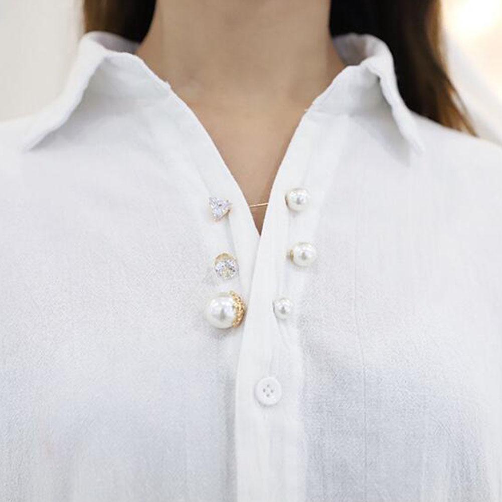 Fashion Prevent Wardrobe Malfunction Pearl Bead Diamante Brooch Collar Pin Set