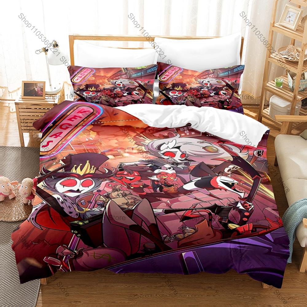 Helluva Bedding Set Duvet Cover + 2 Pillowcases Adult Dark Cartoon Imp Demon Blitzø Stolas Red Hell Neon Gothic Bedroom Decor