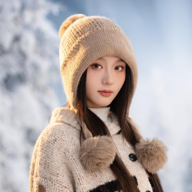 New Rabbit Fur Knitted Warm Hat Autumn and Winter Fleece Thickened Ear Protection Face Fleece Fleece Hat Women's Cold Protection Hat