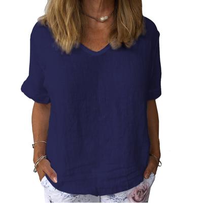 T-shirt à manches courtes et col en V pour femme, décontracté, fin, en coton et lin, couleur unie