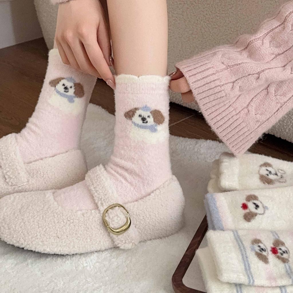 Rosa Welpen Plüsch Socken Wintersocken Plüsch Verdickt Warm Nahtlos Mittelrohr Zuhause Cartoon Schlaf Socken