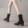Krazing Pot Cow Suede Nubuck Round Toe Thick Heels Western Boots Size 42 Slip on Women Pleated Decoration Mid-calf Boots