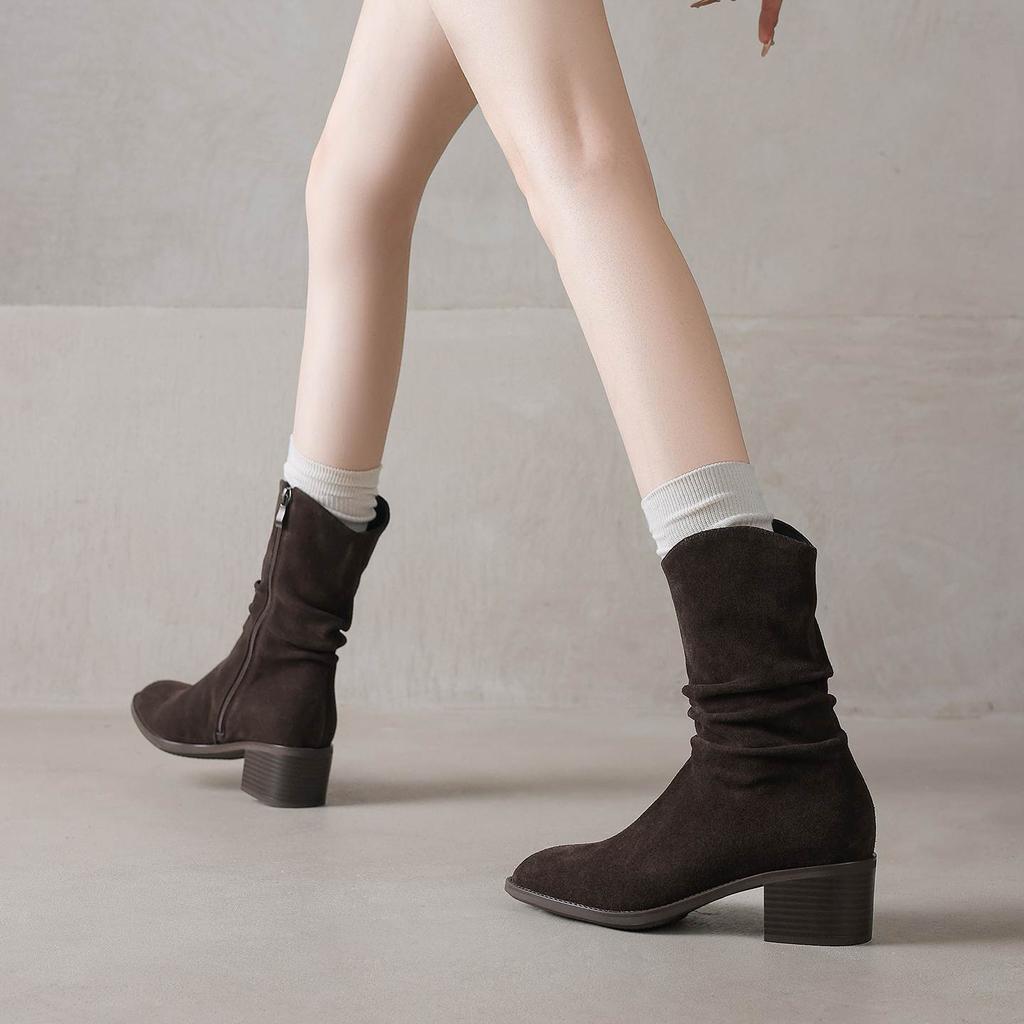 Krazing Pot Cow Suede Nubuck Round Toe Thick Heels Western Boots Size 42 Slip on Women Pleated Decoration Mid-calf Boots