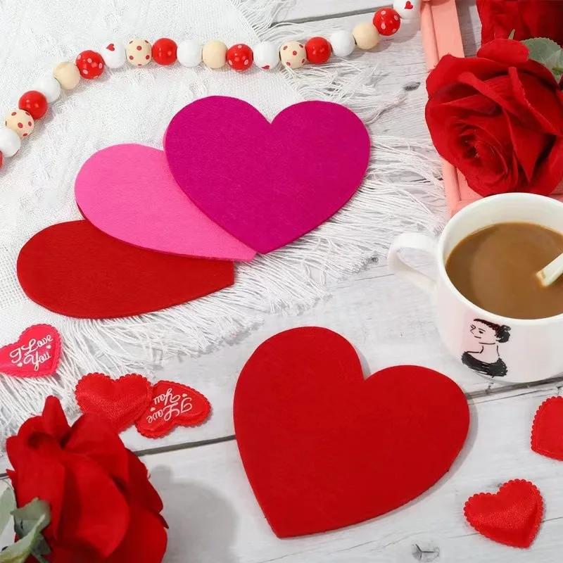 10pcs Valentine's Day Cup Mats Set Felt Love Theme Coaster Tableware Knife Fork Mat Set Romantic Party Decor Wedding Decoration