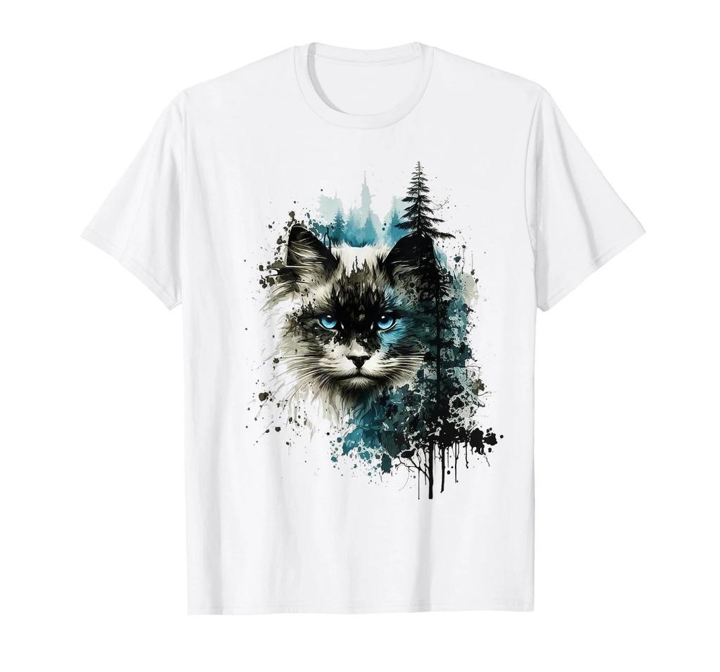 Cat Blue Eyes Cat Motif Art Forest Animal Cat T-Shirt