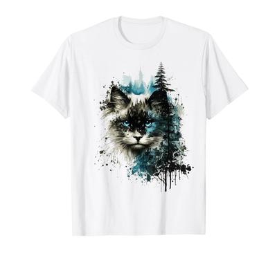 Cat Blue Eyes Cat Motif Art Forest Animal Cat T-Shirt