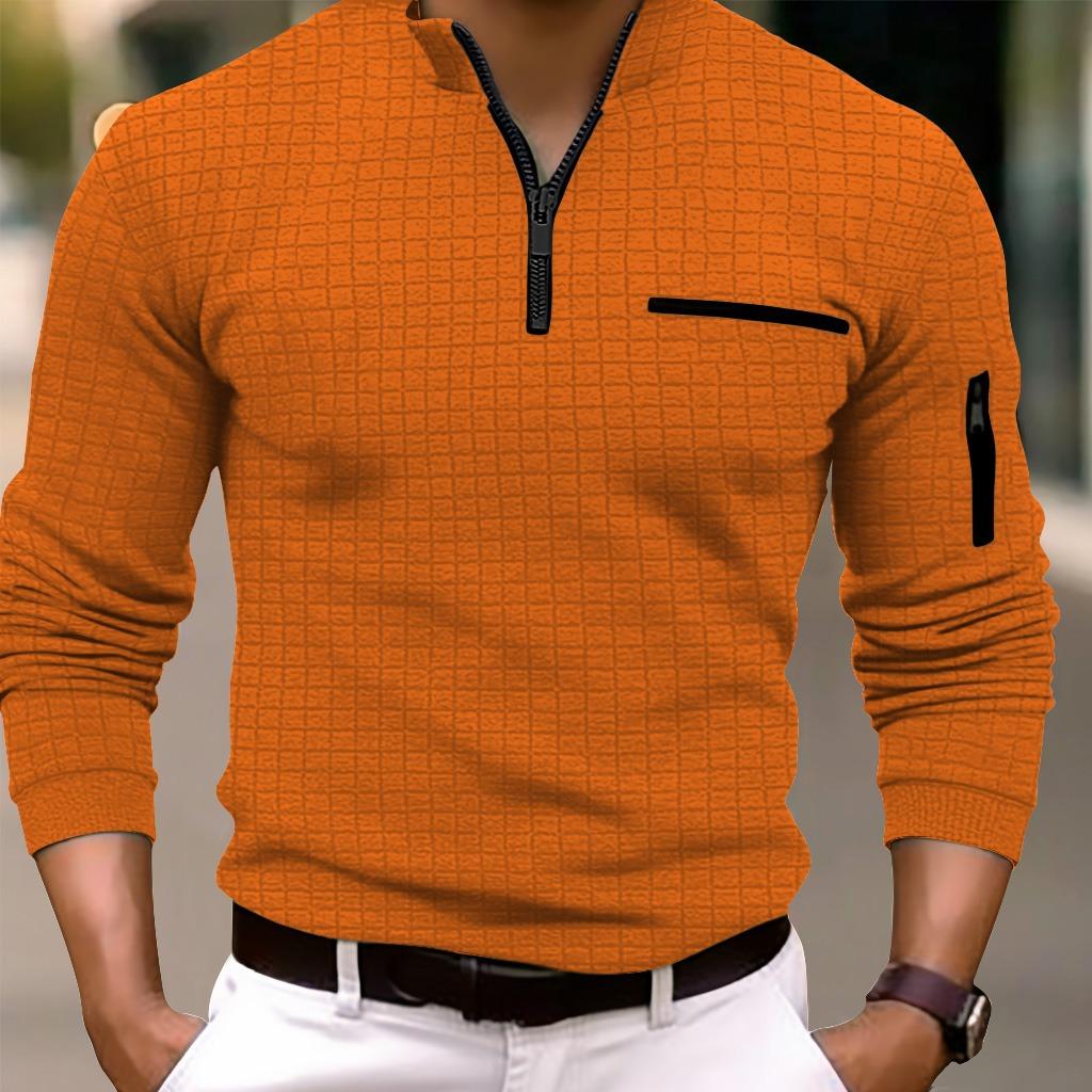 T-shirt casual da uomo alla moda primaverile e autunnale, camicia a quadri da uomo, camicia sportiva con cerniera sul braccio