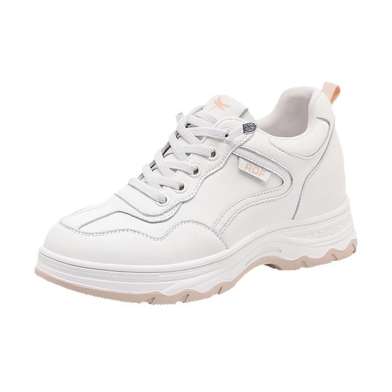 Red Dragonfly Women's White Leather Dad Shoes - Thick Sole, Hidden Height, Non-Slip Casual Sports Shoes for Autumn