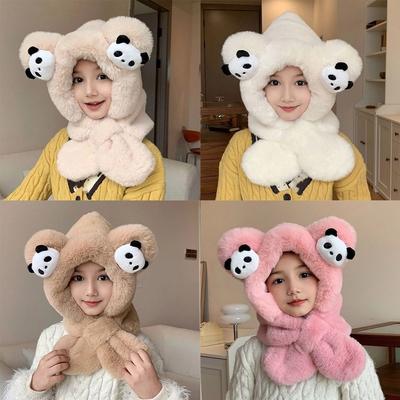 Fashion Faux Fur Hat Scarf Set Warm Cartoon Panda Winter Hat Scarf Windproof Thickened Neck Circle Scarf Children