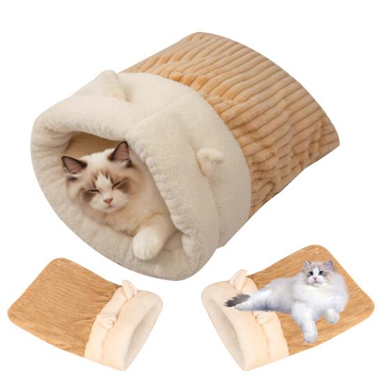 Winter Cat Sleeping Bag Warm Plush Cat Sack with Cute Ears Cozy Cats Cave Bed Pet Hideaway Tunnel Calming Bed for Puppies Kittens Small Pets