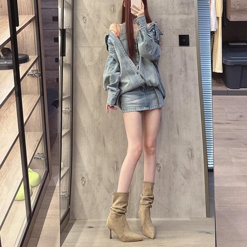 Fashion Suede Pleated Stack Boots Pointed Toe High Heel Skinny Boots Women's Autumn/Winter 2025 Retro Stiletto Mid-Leg Boots