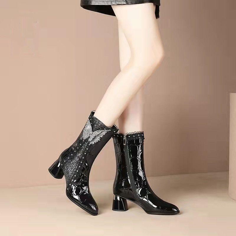 Modă FHC Botine Sexy pentru Femei, Botas cu Toc Înalt, Pantofi de Iarnă Botine Scurte, Fundițe cu Strasuri, Vârf Ascuțit, Fermoar Lateral, 35-42, Roșu, Dropship