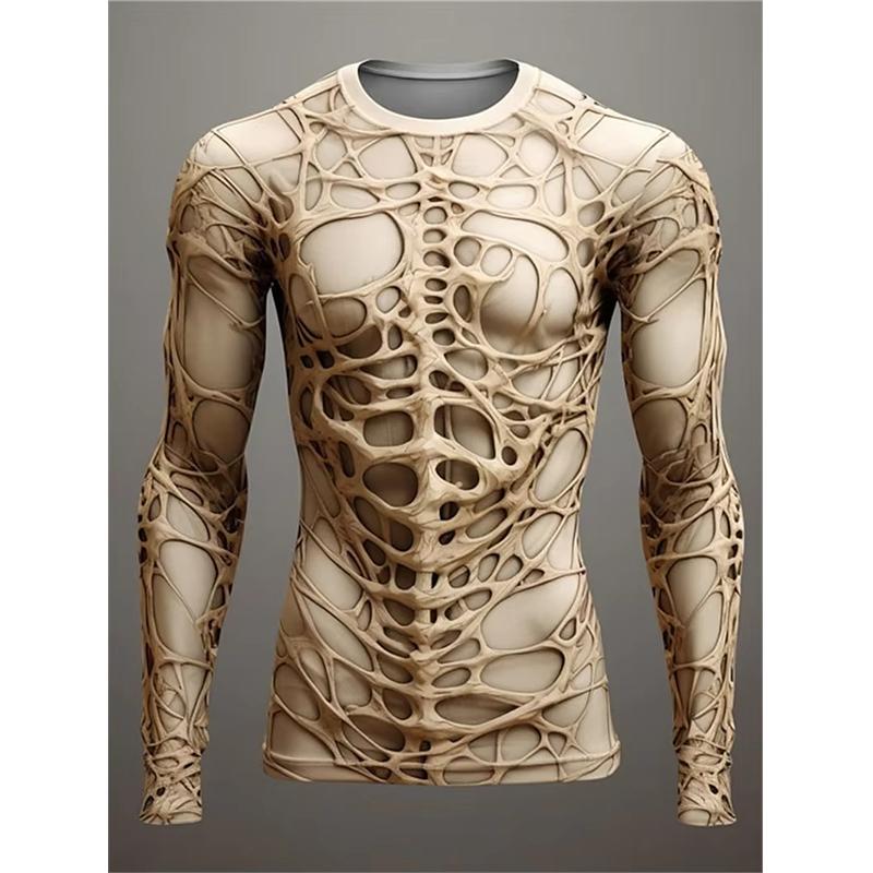 Spring and Autumn Round Neck 3D Skeleton Skull Pattern Printed Top Fashionable Casual Long Sleeved Men's T-shirts