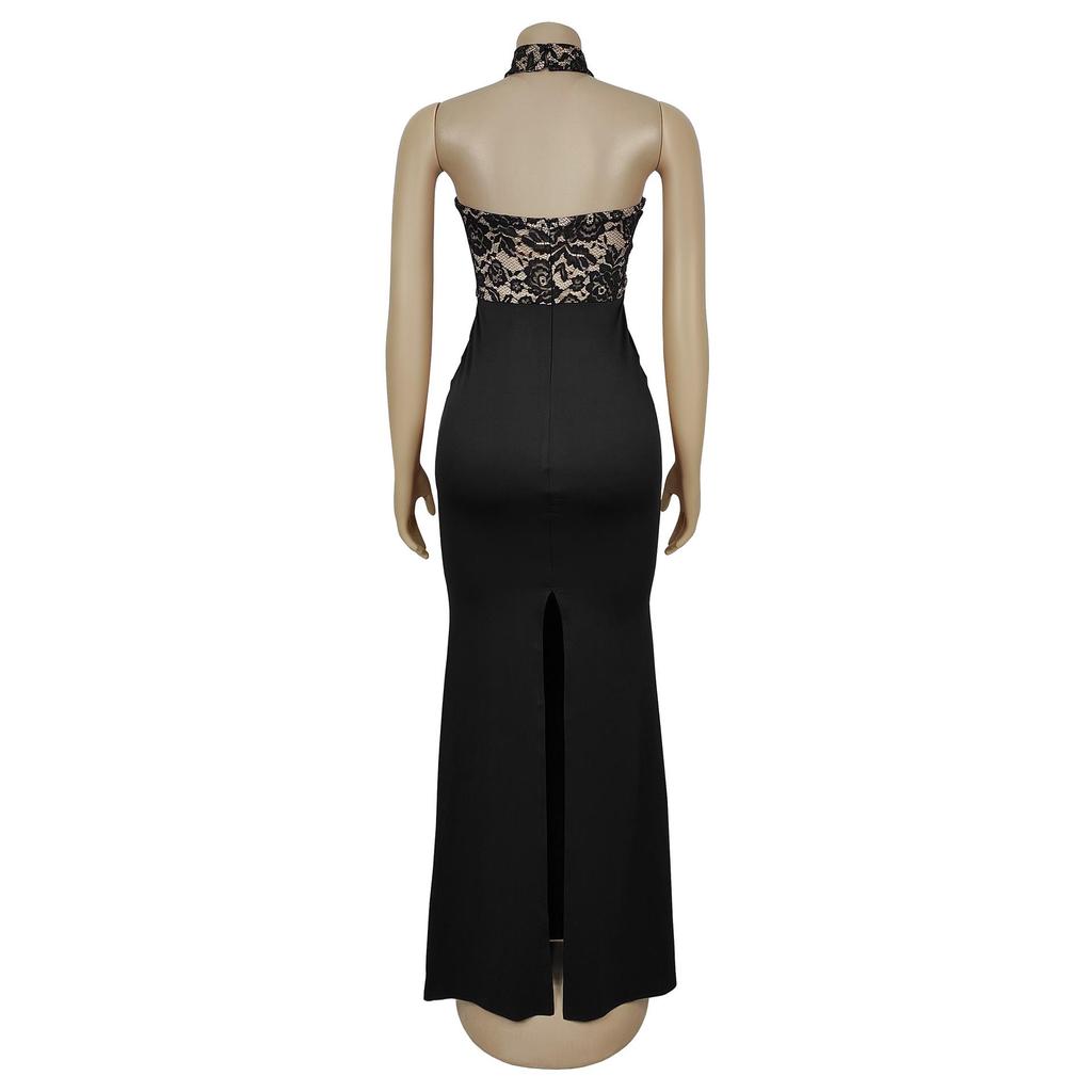 Women's Sexy Halter Lace Sleeveless Split Dress - European/American Fashion