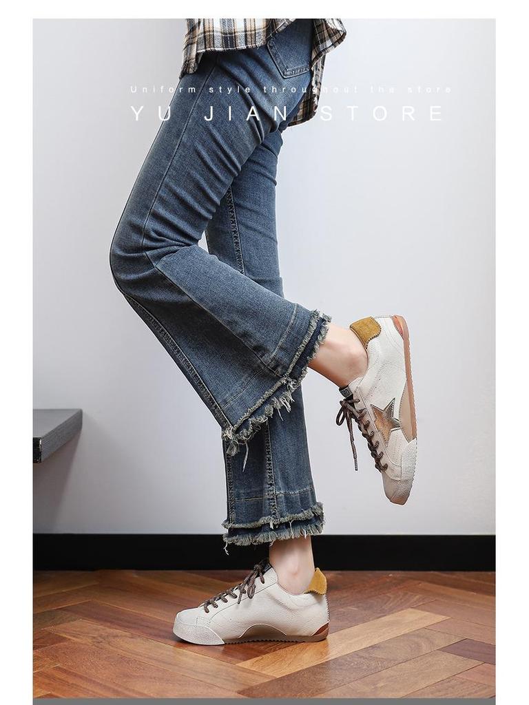 Women's Retro German Trainer: 2025 Genuine Leather Distressed Sneakers with Star, Mandarin Duck Stripe, Flat Bottom, Casual Skate Style