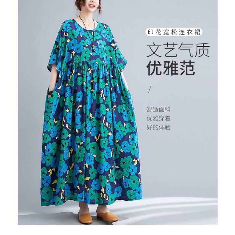 Summer New Literary Large Size Loose and Large Printed Round Neck Short Sleeve Dresses