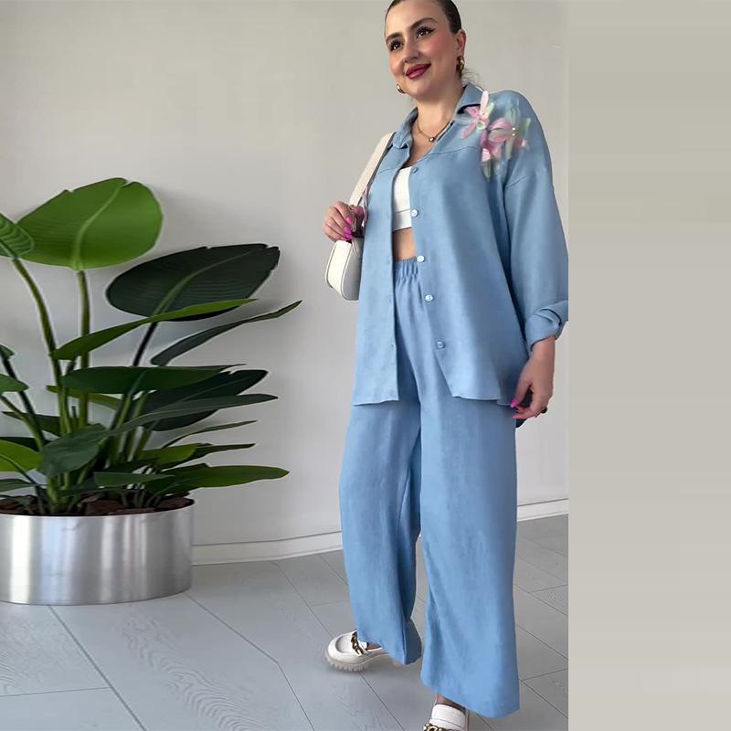 

2023 Осень Женский Модный Комплект Однотонной Рубашки с Аппликацией и Повседневных Брюк L