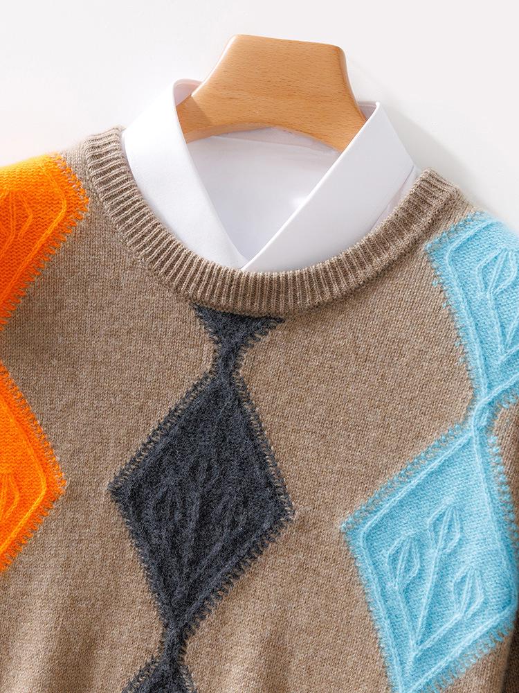 Men's Wool Color Block Round Neck Sweater - 2024 Autumn/Winter Collection