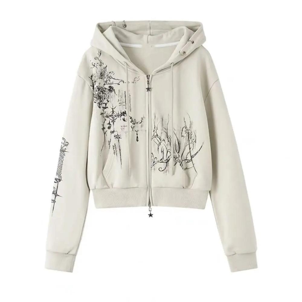 VAYLA Autumn Y2k Aesthetic Cropped Hoodies Women Casual Printing Double Zippers Harajuku Punk Sweatshirt Gothic Fairy Grunge Jackets