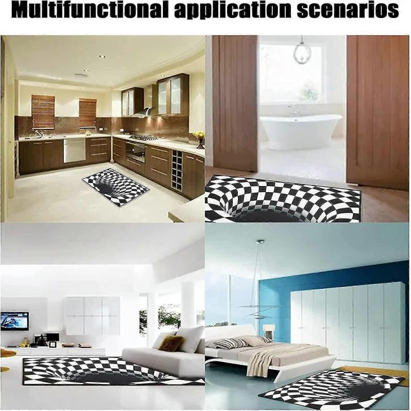 Optical Illusion Rug 3d Stereo Checkered Vortex Optical Illusions Rug Funny Sensation Of Falling Black White Non-slip Plaid Hole Area Rug For Dining