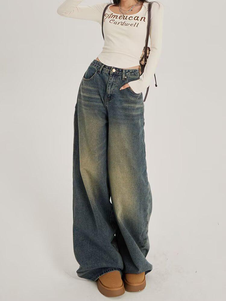 Women's High-Waisted Wide-Leg Retro Jeans - Spring/Autumn Trendy Floor-Length Pants
