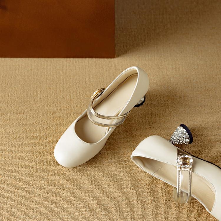 Retro small fragrant wind round head Mary Jane shoes girl 2025 autumn new rhinestone high heels gentle fairy wind sweet