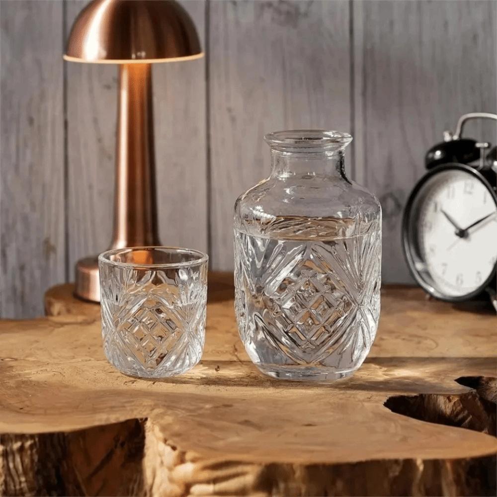 Transparent Vintage Relief Glass Carafe with Cup Cold Pitcher Glass Water Bottle Office