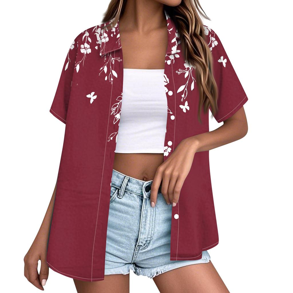 Women Casual Short Sleeve Button Down Shirt Hawaiian Print Collar Summer Beach Top Lightweight Loose Fit Blouse for Daily Wear
