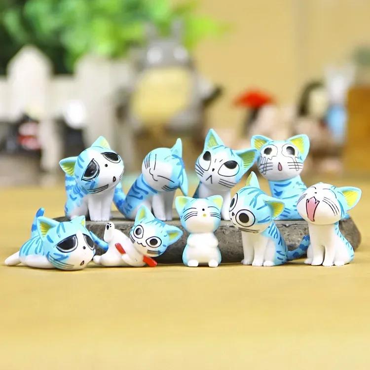 9pcs Cheese Cat Mini Ornament Sets Moss Micro Landscape Succulent Decorative Figurines Cartoon Animals Desktop Cats Craft Gifts