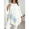 Plus Size, Plus Size Women Round Neck 3/4 Flared Sleeve Tunic Top, White Base Light Blue Floral Green Leaf Irregular Hem Casual Blouse