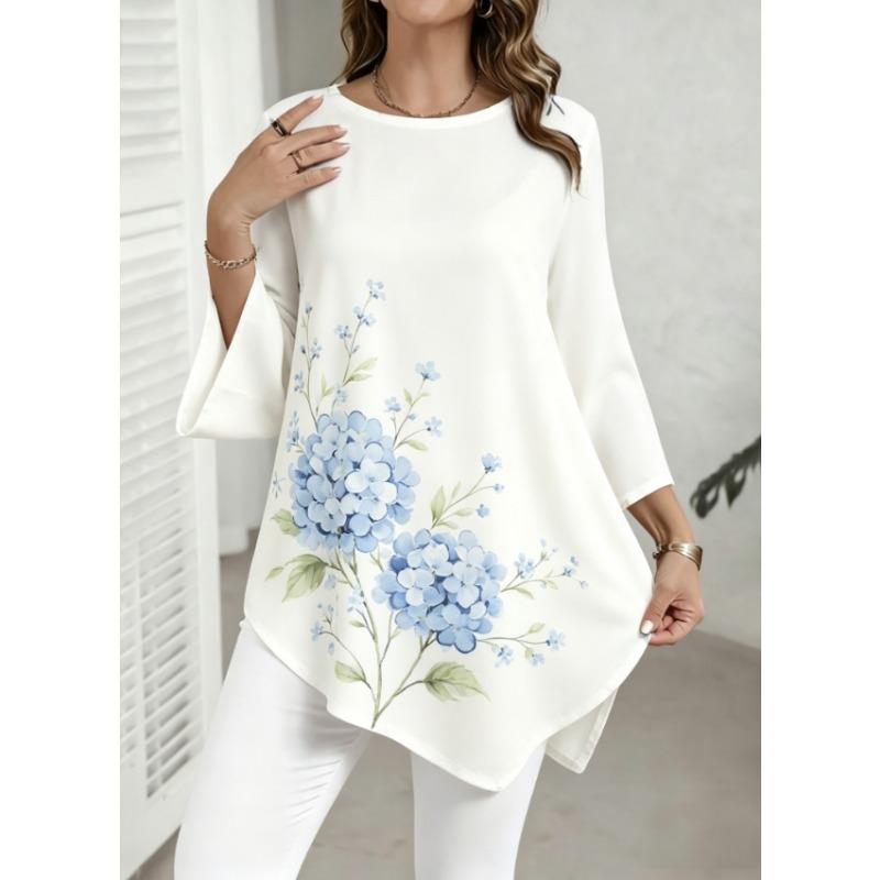Plus Size, Plus Size Women Round Neck 3/4 Flared Sleeve Tunic Top, White Base Light Blue Floral Green Leaf Irregular Hem Casual Blouse
