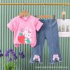 Girls Summer Cute Cartoon Short Sleeve Tee And Bow Knot Jeans Two Piece Set Casual Outfit