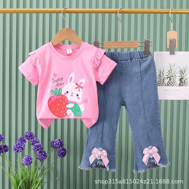 Girls Summer Cute Cartoon Short Sleeve Tee And Bow Knot Jeans Two Piece Set Casual Outfit