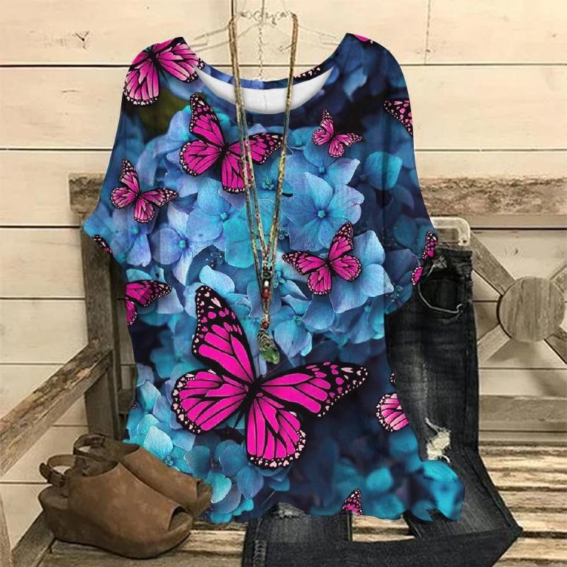 Summer Round Neck 3D Floral Butterfly Printed Top Fashionable Casual Short Sleeved Women's Plus SizeT-shirts
