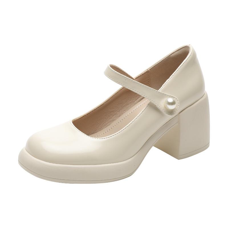 Genuine Leather Mary Jane Shoes Thick Heel Single Shoes for Women's Spring New High Heels Pearl Buckle Retro Shallow Mouth Fairy Shoes