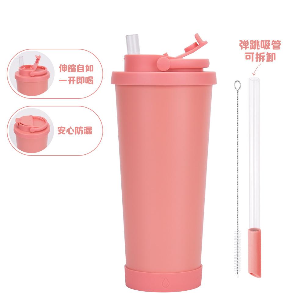 710Ml Stainless Steel Bouncing Straw Cup Suction Pearl Portable Handle Retractable Straw Thermos Cup
