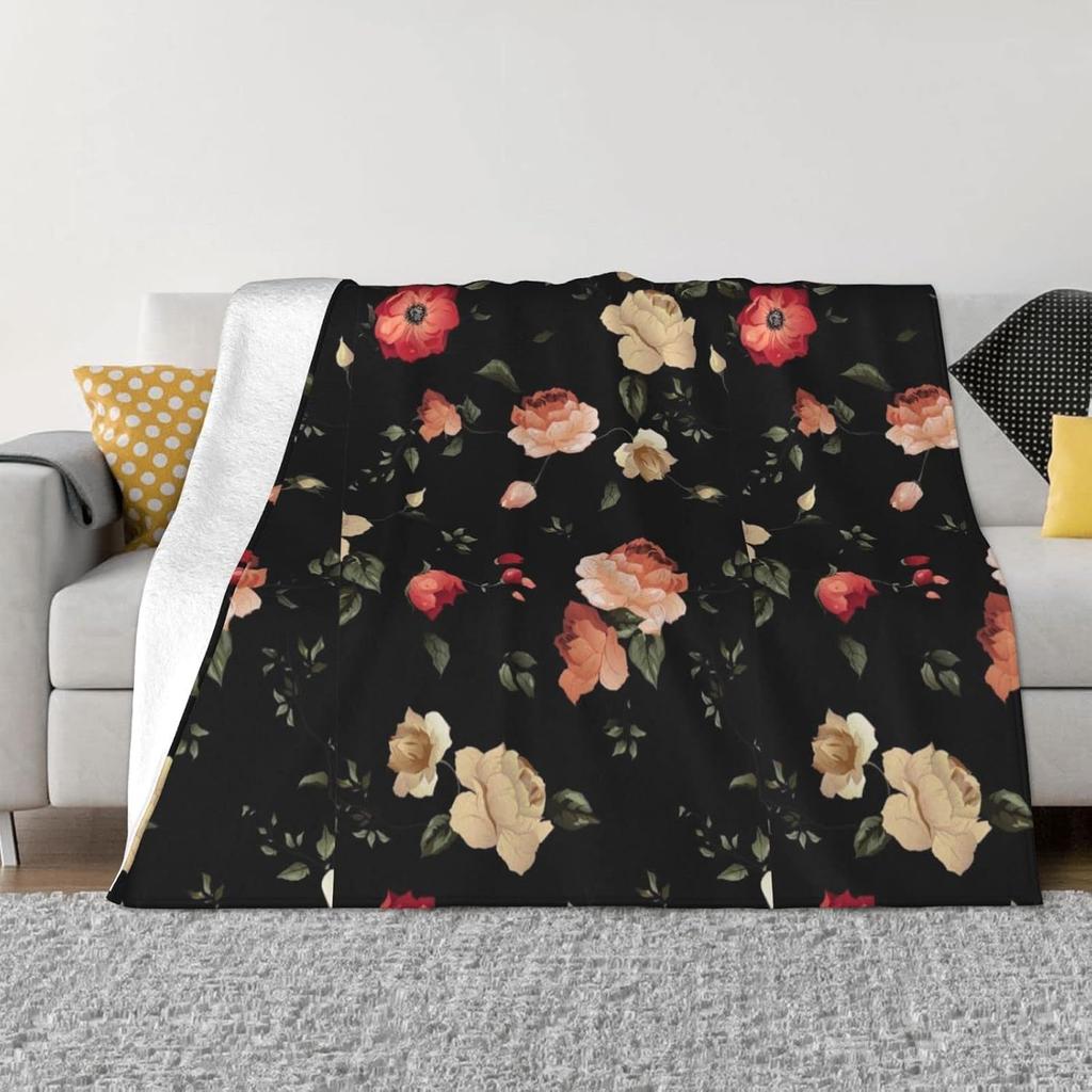 Vintage Dark Rose Floral Print Flannel Blanket Retro Flower Soft Warm Throw Blanket Sofa Bed Botanical Home Decor Gift
