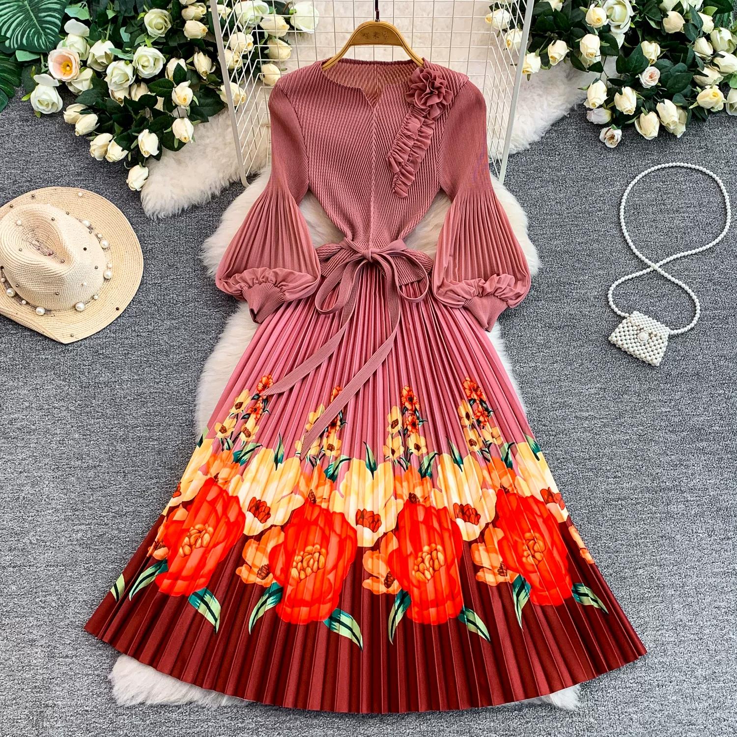 

Luxury Dopamine Flower Print Pleated Dress for Women Autumn Elegant Long Bell-Sleeve Tie-Waist Evening Gown Party Dress Romantic Robes One size fits all рожевий