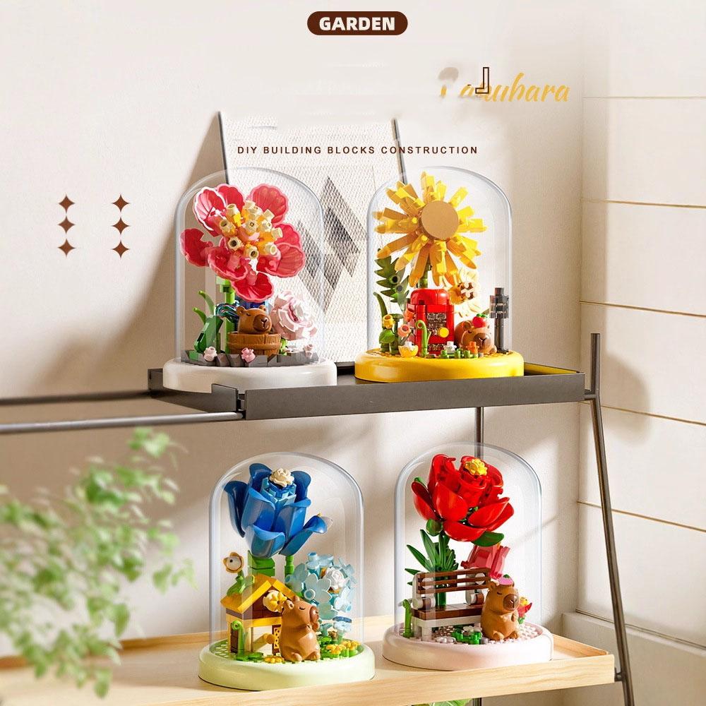 Idea Mini Block Potted Plants Capybara Garden Building Bricks Immortal Flower Rose Sunflower Gardenia Tulip Model Toys For Gifts