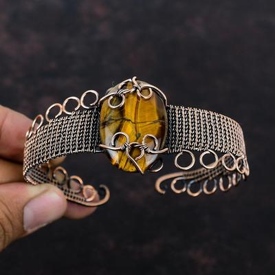 Tigerauge Edelstein Manschettenarmband Kupferdraht gewickelt verstellbares Manschettenarmband Handarbeit Unikat Armreif Geschenk für Sie Kupferdraht Wickelschmuck