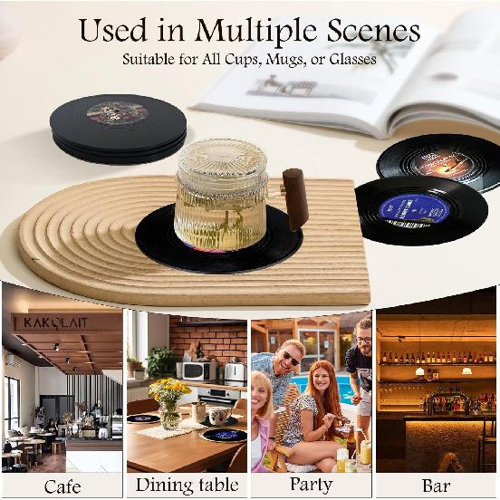 Tsevsesno Set of 6/4 Retro Record Vinyl Coasters for Drinks,Funny Home Decor & Housewarming Gifts New Home, for Music Lovers (4)
