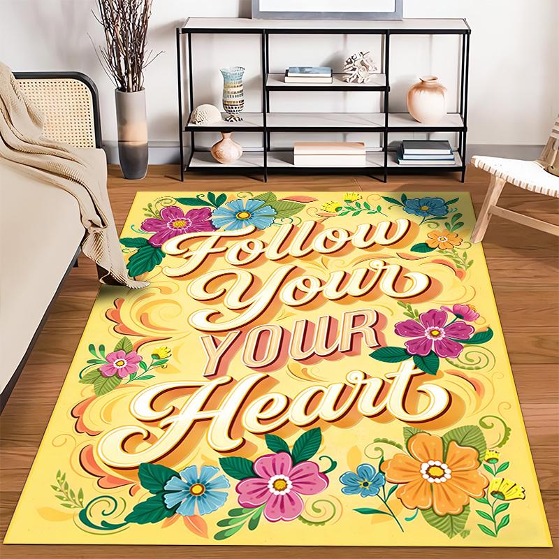 Follow Your Heart Carpet with Colorful Floral Design On Yellow Suitable for Use As an Anti-slip for Living Room Bedroom Sofas