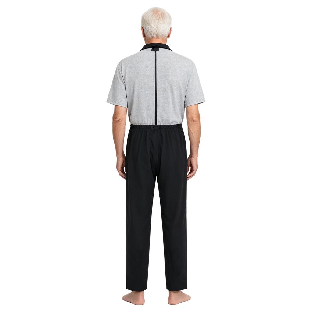 Mens Adaptive Anti-Strip Jumpsuit Lapel Short Sleeve Back Zip-up Pants Leg Zip One-piece Romper for Elderly Patient Care