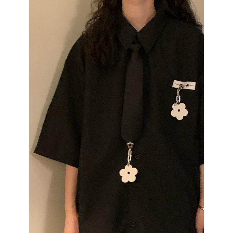 Solid Color Short Sleeved Shirts for Women American Retro College Style Shirt with Tie Summer Lapel Single Breasted Tops