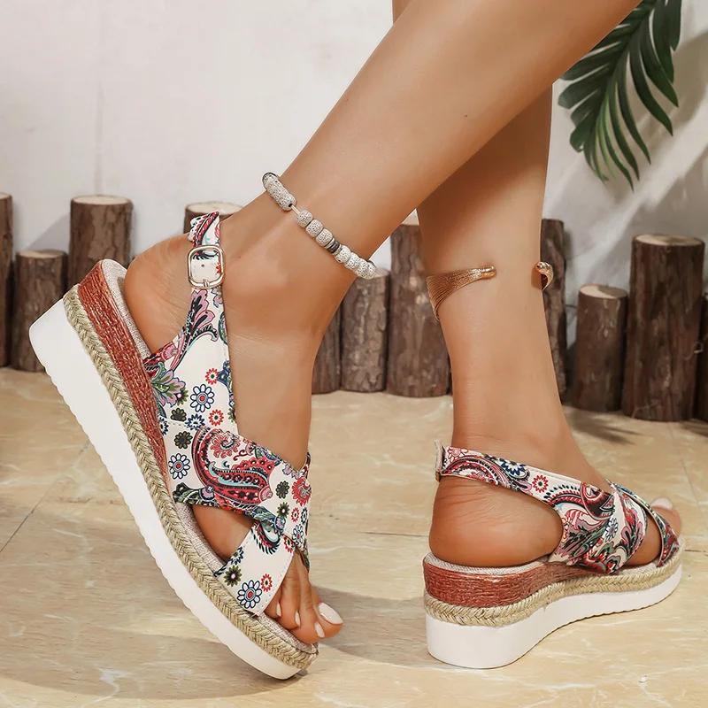 Fashion Fashion Printed Wedge Sandals for Women Summer 2025 Lightweight Buckle Strap Platform Sandles Woman Comfort Non Slip Beach Shoes