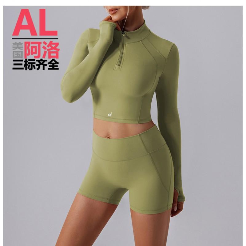 AL Alo Pnalo Yoga Set Womens Half-Zip Long Sleeve Crop Top High Waist Leggings Shorts Gym Workout Fitness Activewear